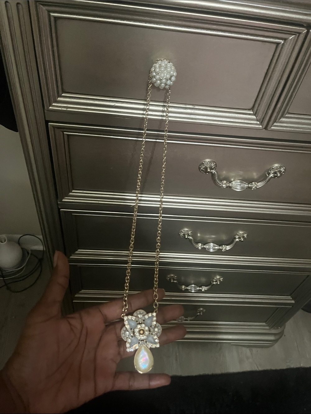 Pearl & Crystal Flower Pendant Necklace in Gold